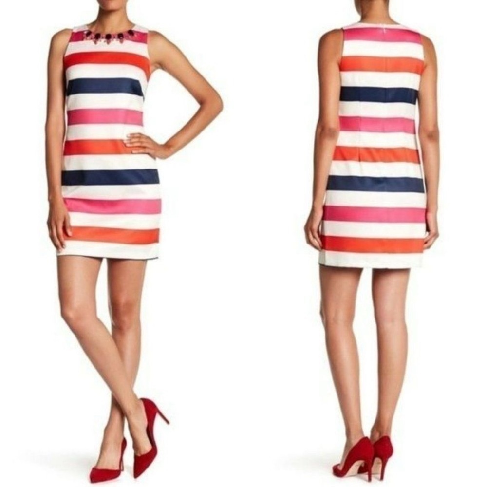 Vince Camuto Jeweled Neckline Striped Dress Size 12